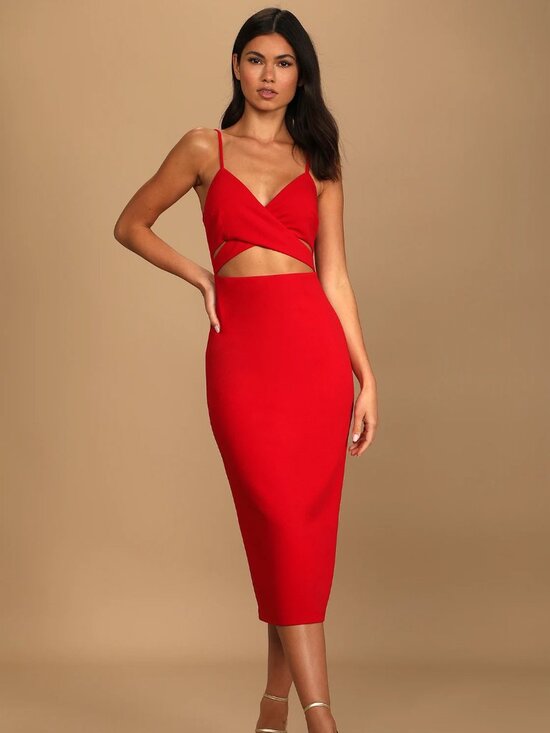 Lulus Dresses & Skirts - Lulus Cross Your Heart Red Surplice Cutout Bodycon Midi Dress